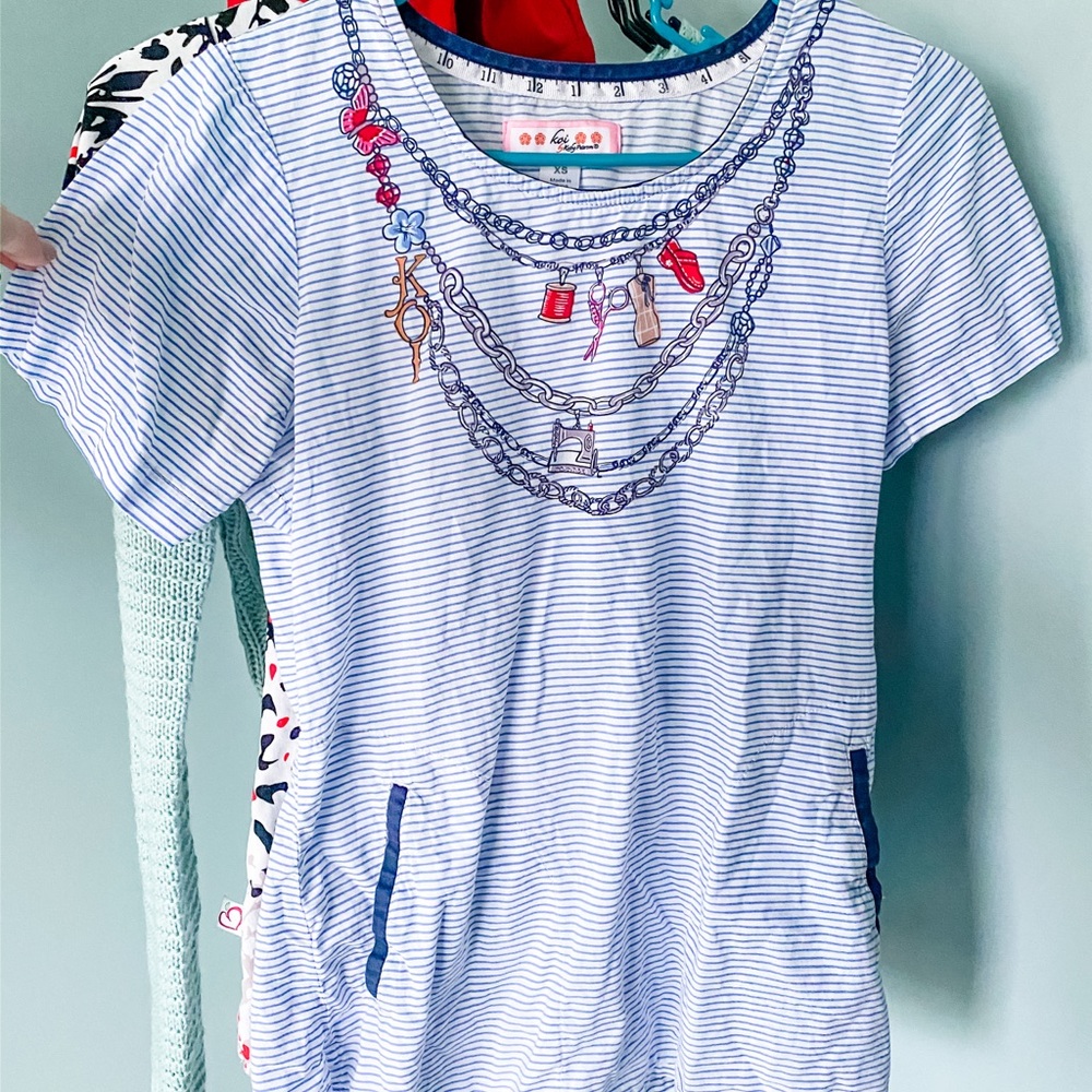 koi Blue and White Striped Scrub Top